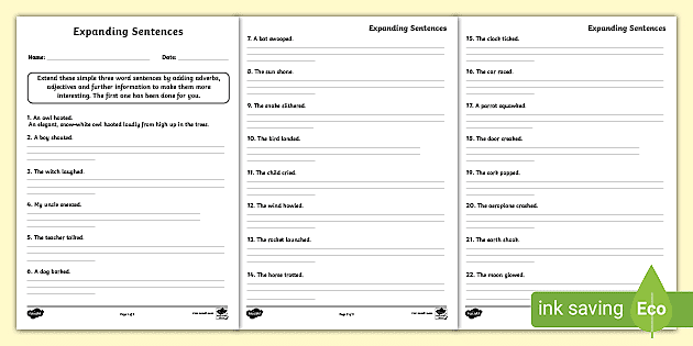 expand sentence expanding sentences worksheets