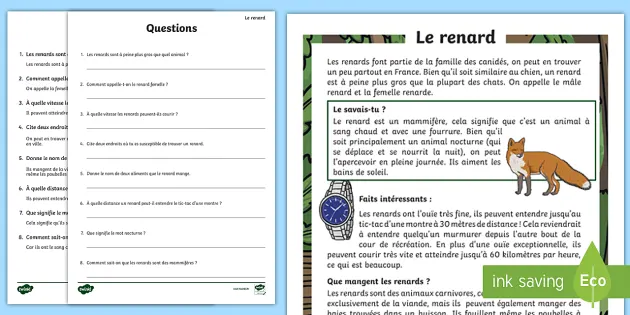 Fiche De Lecture Le Renard Teacher Made