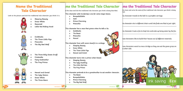 Name The Traditional Tale Character Worksheet - Twinkl