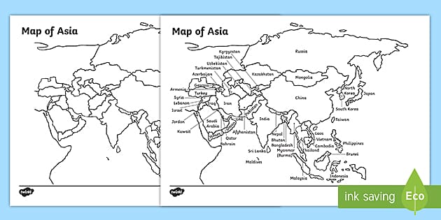 Blank Map of Asia With and Without Country Names