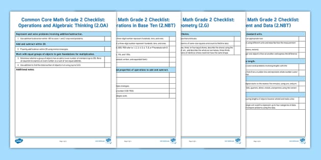 Common Core Math Second Grade Standards Checklist - Twinkl