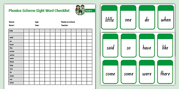 Phonics Scheme: Level 3 Sight Word Cards and Checklist