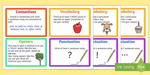 Vocabulary Connectives Openers And Punctuation Challenge Cards Vcop