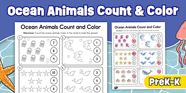 Ocean Animals Count and Color to 10 Worksheet