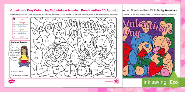 Valentine's Day Number Bonds within 10 Colour by Calculation Activity