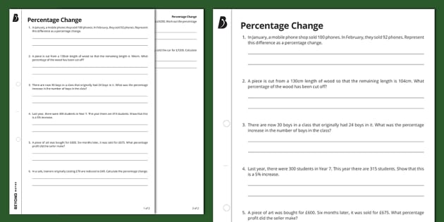 Percentage Change Worksheet | KS3 Maths | Beyond