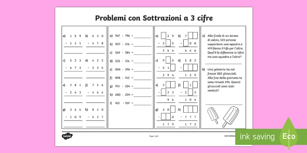 Free Esercizio Con Sottrazioni A 3 Cifre Teacher Made