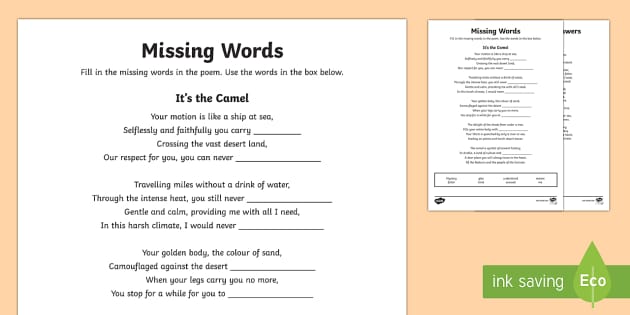 Camel Poem Find The Missing Words Worksheet Worksheet