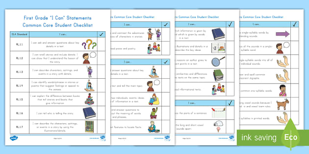 First Grade I Can Statements Common Core Student Checklist