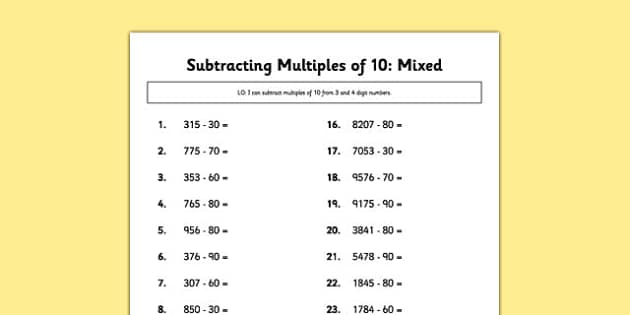 Subtracting Multiples Of 10 Worksheets