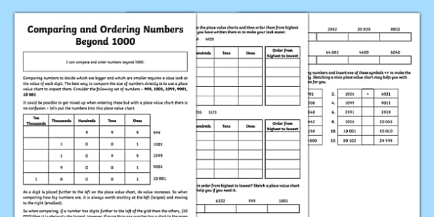 order and compare numbers beyond 1000 worksheets