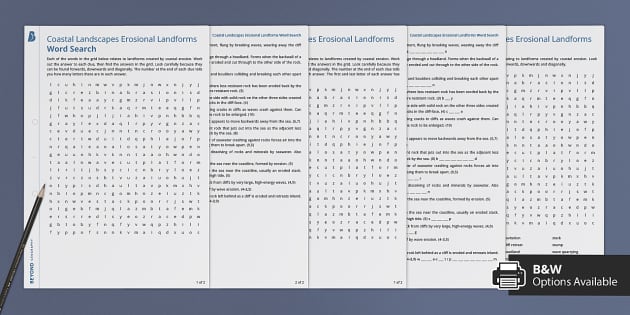 GCSE Coastal Landscapes: Erosional Landforms Word Search