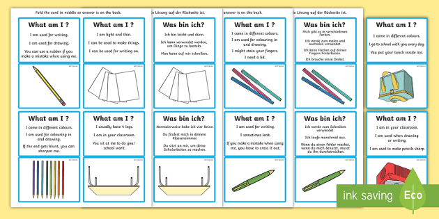 What Am I School Objects Guessing Game Cards English German