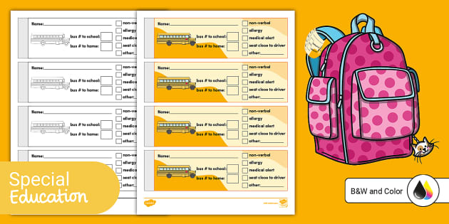 Bus Tag for Backpack for Special Education teacher made