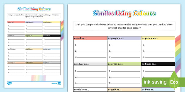 Colour Similes Activity - English - Simile and Metaphor