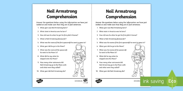 Neil Armstrong Comprehension Worksheet / Activity Sheet - Space