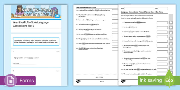 NAPLAN Style Misspelt Language Conventions Set Three Year 5 Exam Questions