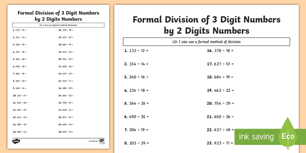 Formal Division Of 3 Digit Numbers By 2 Digit Numbers Worksheet