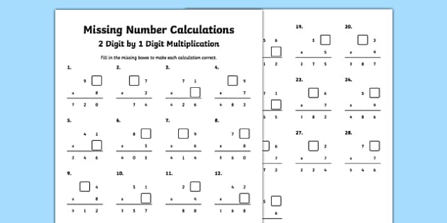 2 digits by 1 digit multiplication missing number sums