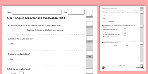 Year 1 English Grammar And Punctuation Test 5 SPaG