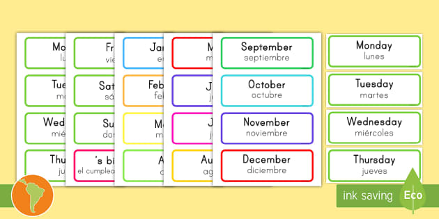 Days of the Week & Months of the Year Labels - English/Spanish - Days ...