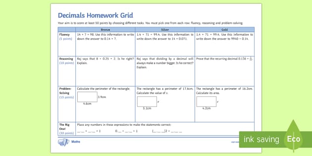 numeracy homework grid