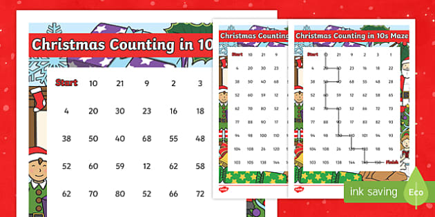 Christmas Themed Counting in 10s Maze Activity - Twinkl