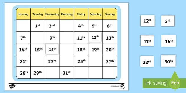 worksheet number missing Sheet Worksheet Missing Ordinal Calendar / Number Activity