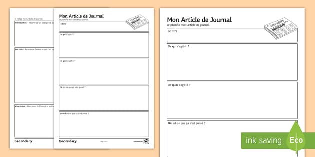 French Newspaper Article Planning And Writing Template