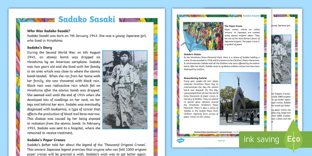 Sadako Sasaki Fact Sheet Teacher Made