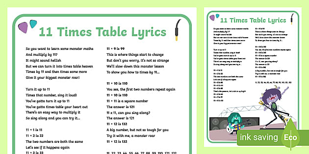 Eleven Times Table Lyrics Poster