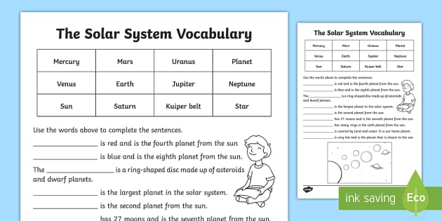 Solar System Vocabulary Worksheet - Science Vocab