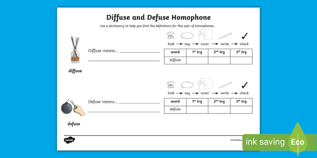 Diffuse and Defuse Homophone Worksheet (teacher made)