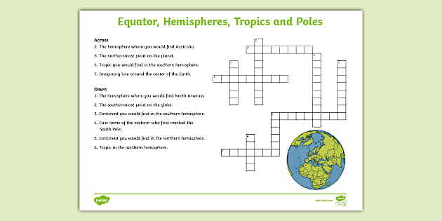 Equator Hemispheres Tropics and Poles Crossword Twinkl