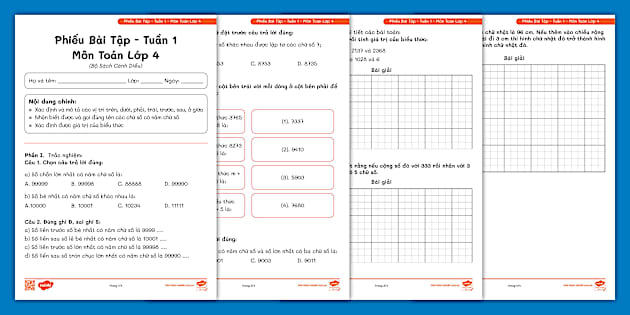 phiếu bài tập toán lớp 4 học kì 1