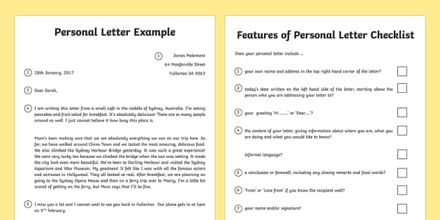 Personal Letter And Writing Checklist Australia Personal Letter And