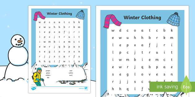 Winter Clothing Vocabulary Word Search - ESL Winter Clothes Vocab Game