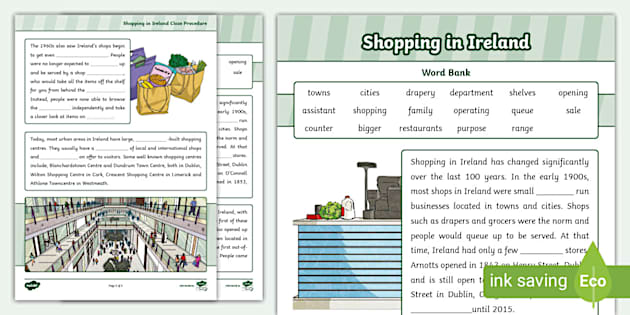 Shopping in Ireland Cloze Worksheet
