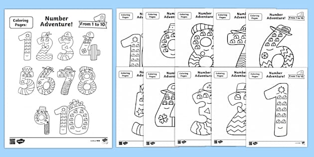 1から10まで 数字塗り絵 Number Adventure Coloring Sheet Set 1- 10