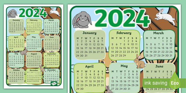 Rabbit-Themed 2024 Wall Calendar Poster (teacher made)