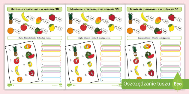 Matzoo Klasa 2 Mnozenie Do 30 - Mnożenie z owocami | Mnożenie w zakresie 30,50,100 | Karta pracy