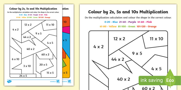Mixed Colour by 2s 5s and 10s Multiplication Worksheet / Worksheet