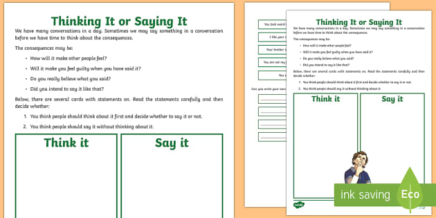 Thinking It Or Saying It Worksheet (teacher made) - Twinkl