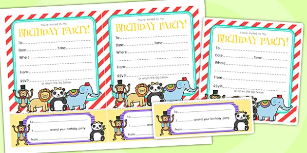 Animal Themed Birthday Party Invitations (teacher made)