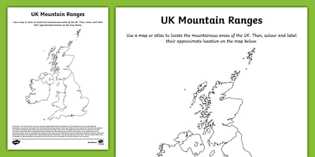 Mountain Ranges in the UK Map Activity Worksheet - Twinkl