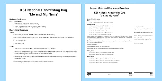KS1 Me and My Name Handwriting Day Lesson Plan Overview of Teaching Ideas