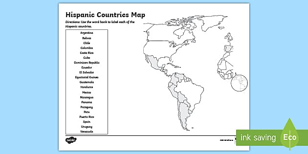 Hispanic Countries Map Labeling Activity for 3rd-5th Grade