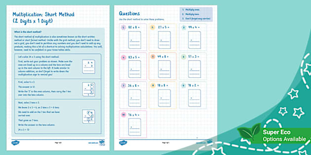 Multiplication: Short Method (2 Digits x 1 Digit) - Twinkl