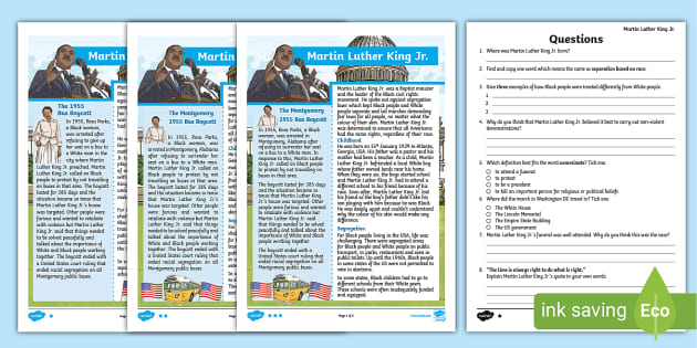 UKS2 Martin Luther King Differentiated Reading Comprehension Activity