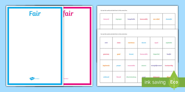 Fair And Unfair Vocabulary Sorting Game Fair And Unfair Vocabulary Sorting Game